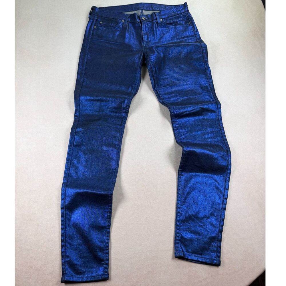7 For All Mankind Skinny Jeans Womens 29 Blue Metallic Coated Stretch Made USA
